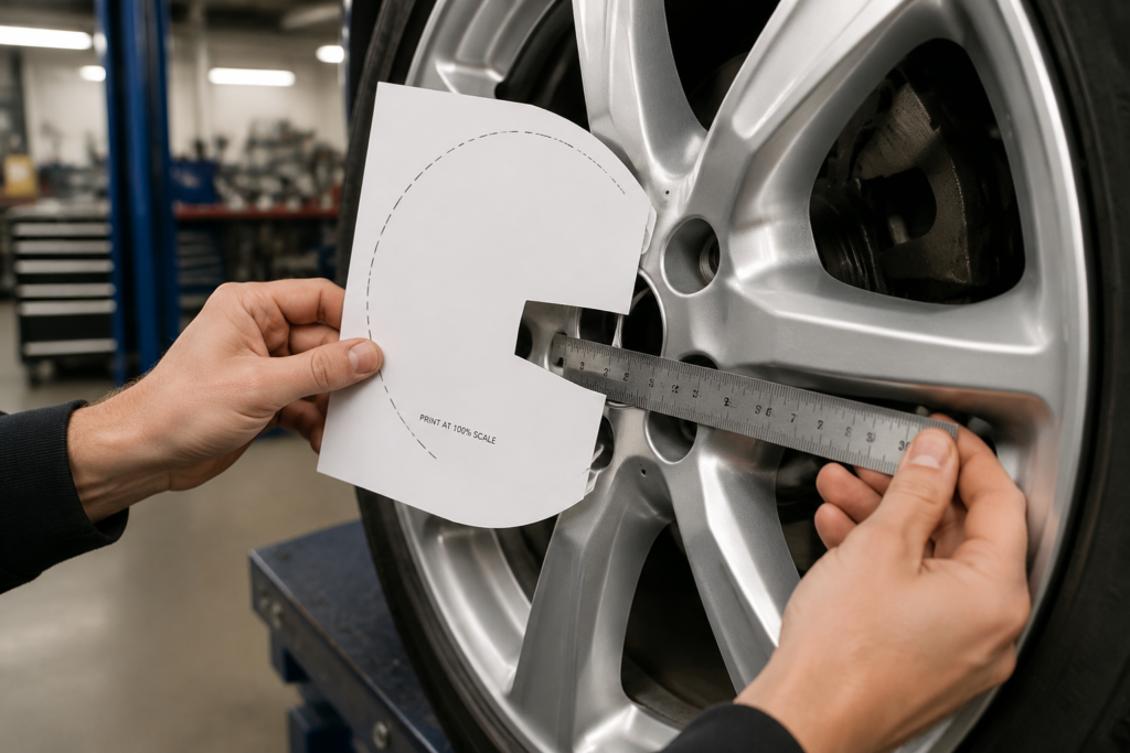 Checking big brake kit fitment with a printed wheel template and steel ruler