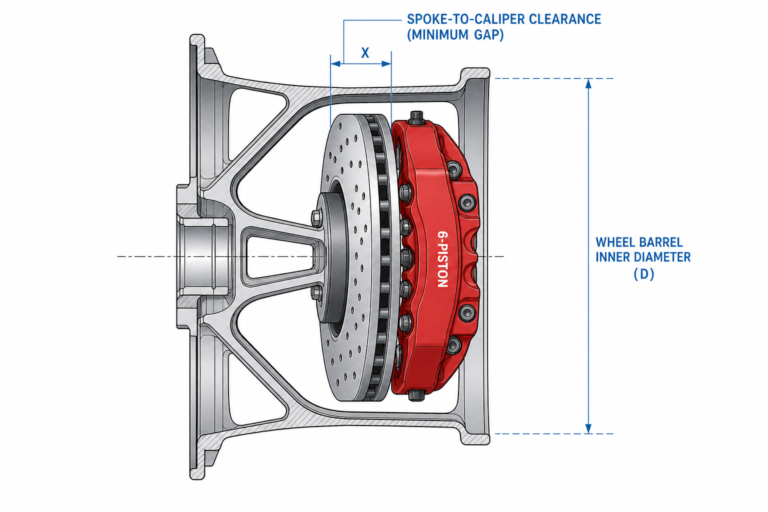 How to measure wheel clearance for a big brake kit: spoke-to-caliper gap and barrel inner diameter diagram