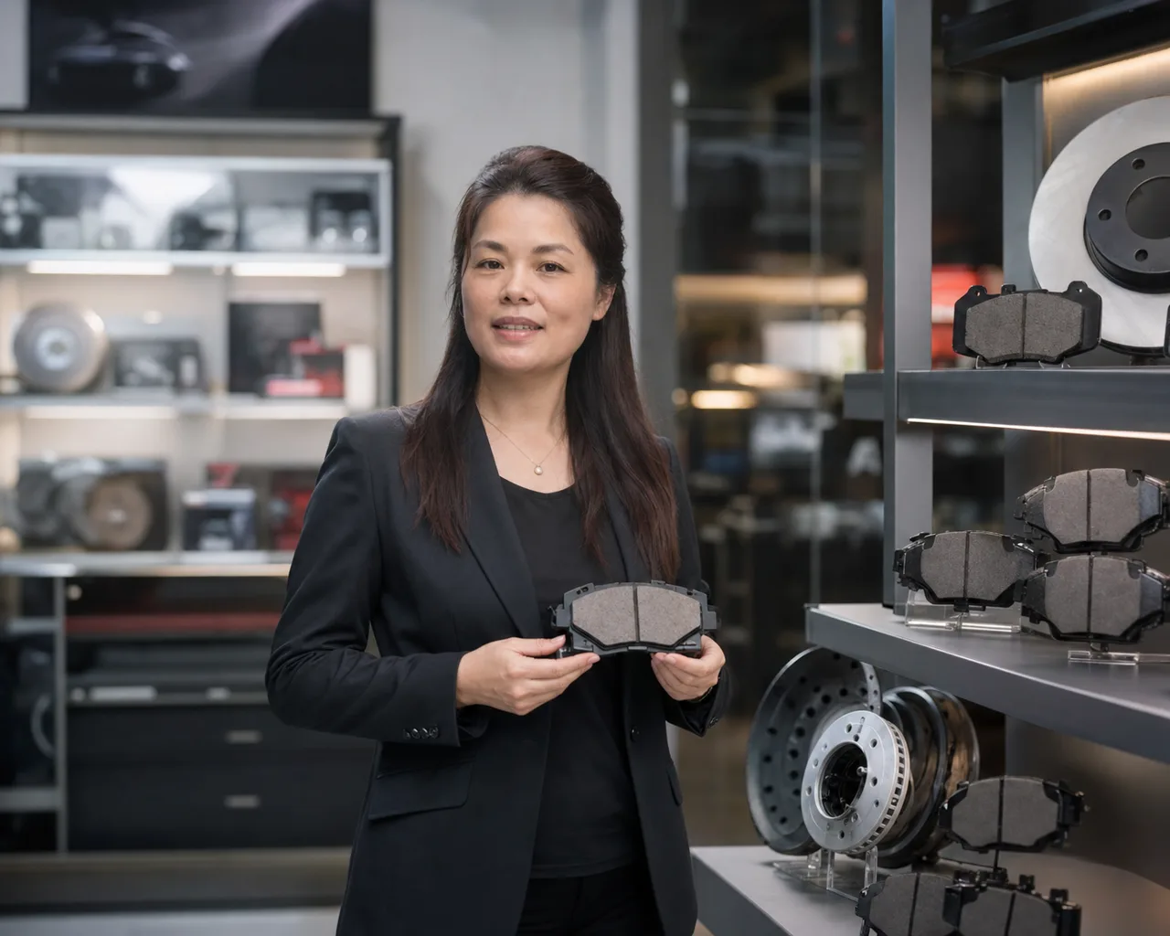 Nana, Sales Director at VINIC, holding performance brake pads in the product showroom