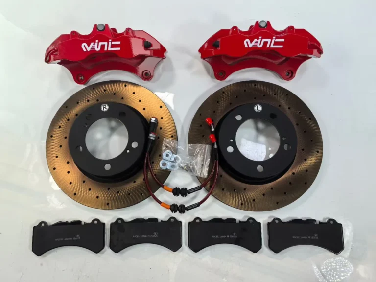 VINIC big brake kit flat lay red forged calipers gold drilled rotors pads and braided lines