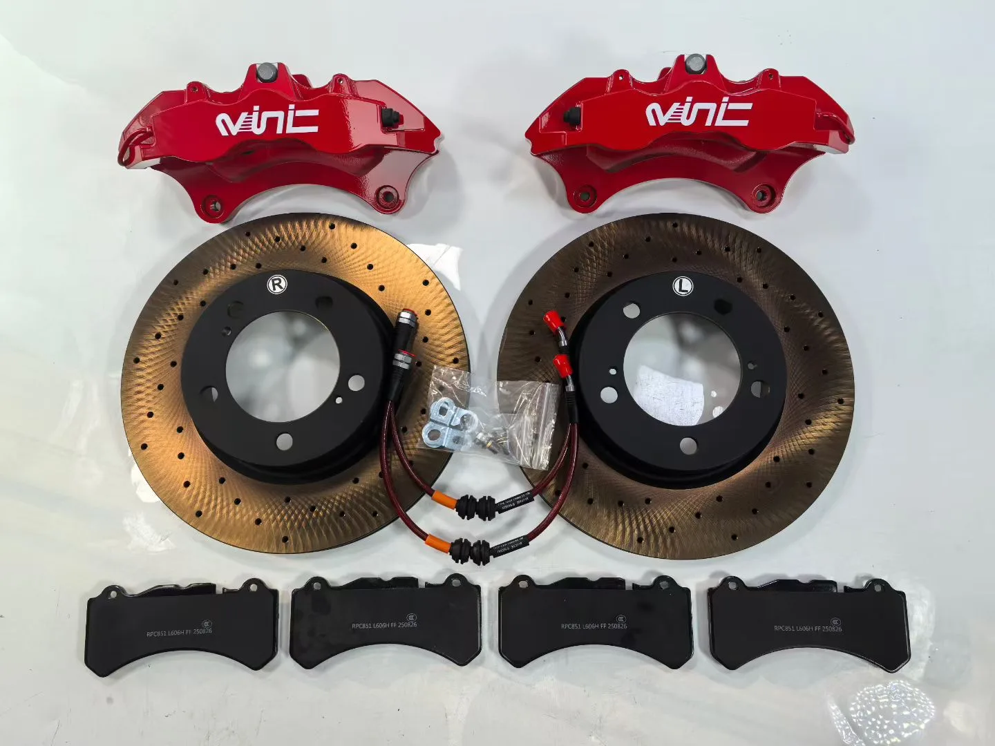 VINIC big brake kit flat lay red forged calipers gold drilled rotors pads and braided lines