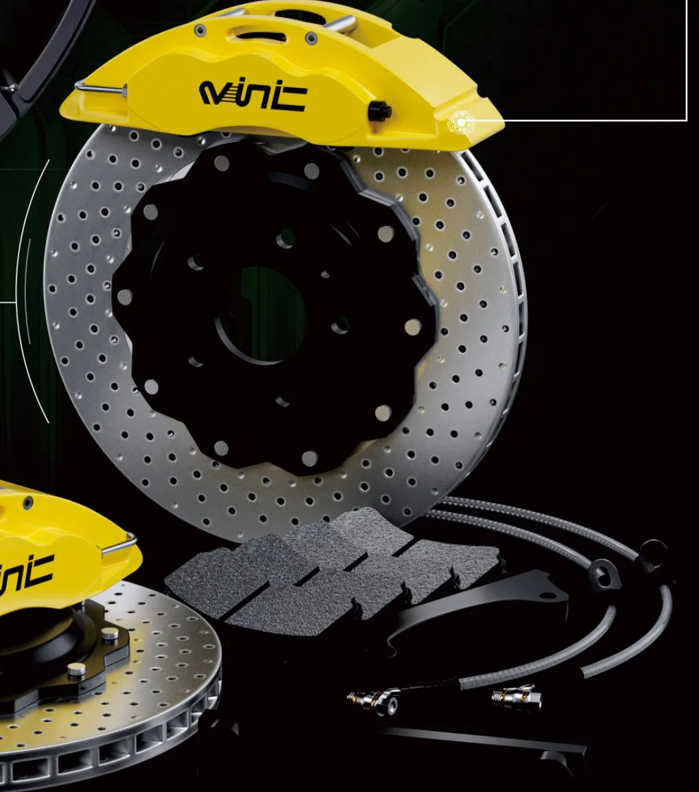 VINIC C60 yellow 6-piston caliper on drilled rotor with pads and lines