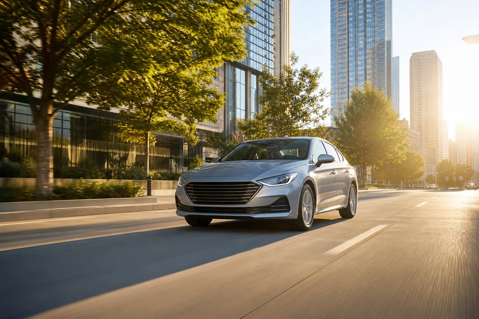 VINIC daily commute brakes scene - family sedan driving on a bright early morning city street