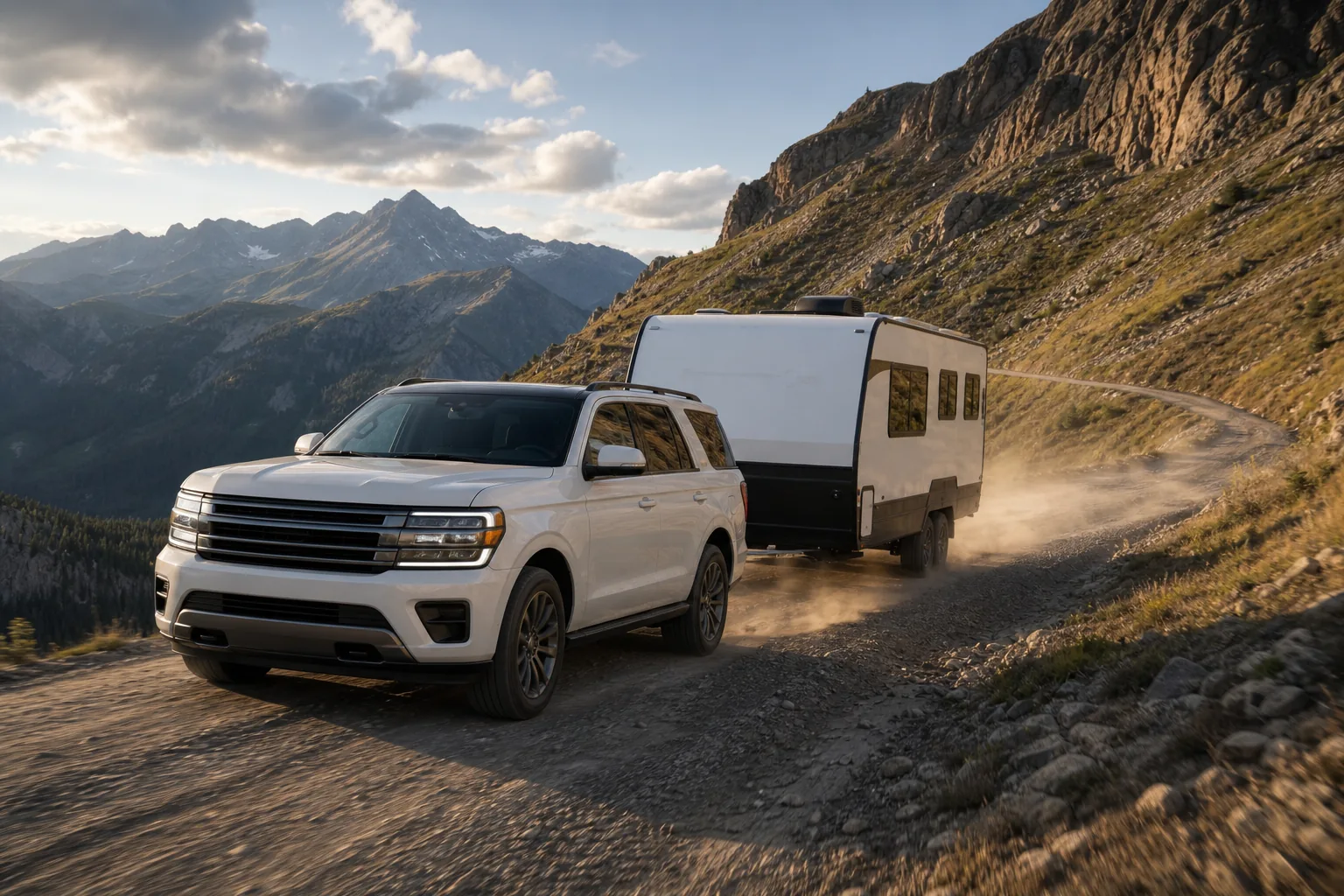 VINIC off-road and towing brakes scene - SUV towing a camper trailer down a mountain road
