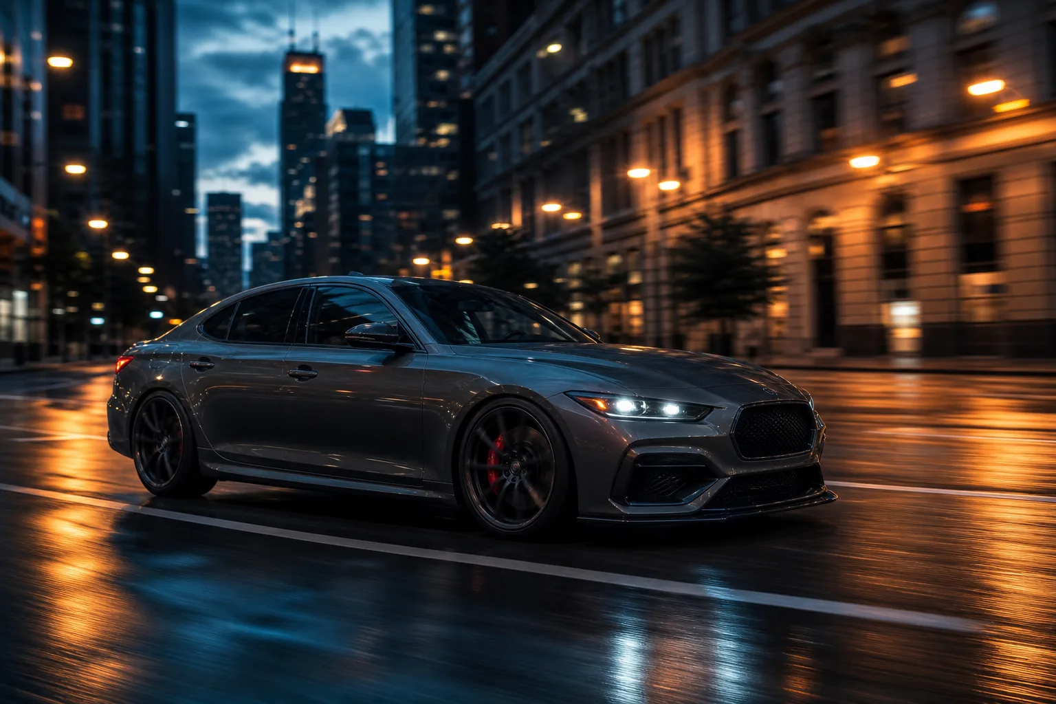 VINIC street performance brakes scene - sports sedan driving through dusk city streets with red brake calipers