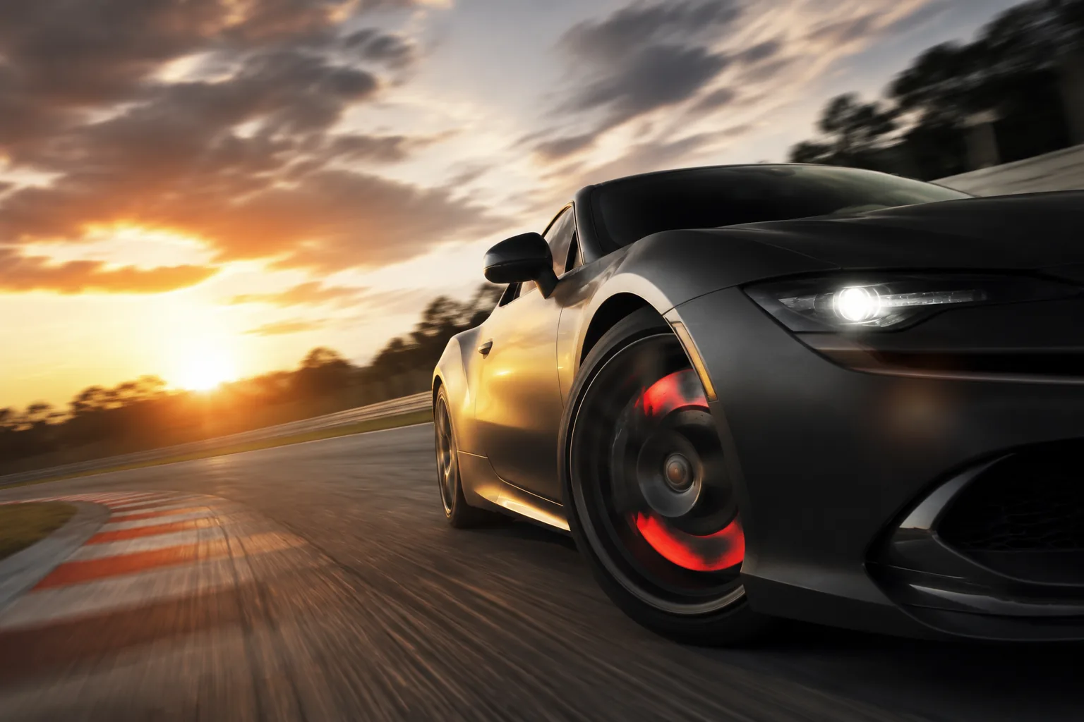 VINIC track day brakes scene - sports car cornering on a racetrack with glowing hot brake disc