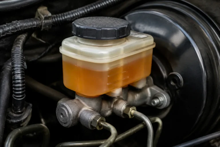 Amber brake fluid inside a translucent master cylinder reservoir